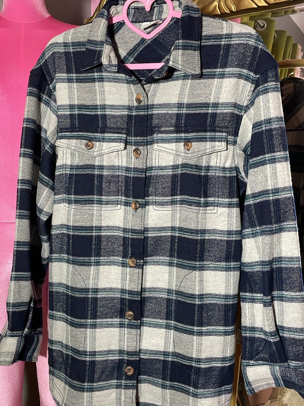 Columbia Blue and Cream Plaid Flannel Shirt